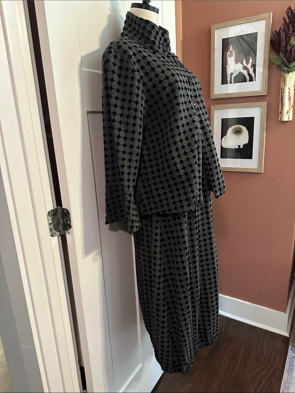 bryn Walker 2-piece polka dot black gray S/M Lagenlook jacket & skirt set - Picture 6 of 16